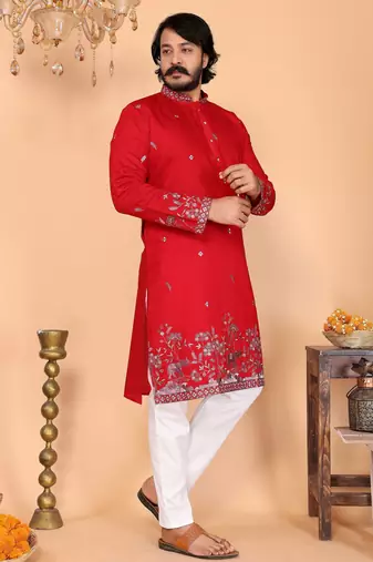 Men's red linen cotton sequins embroidered kurta with pajama set