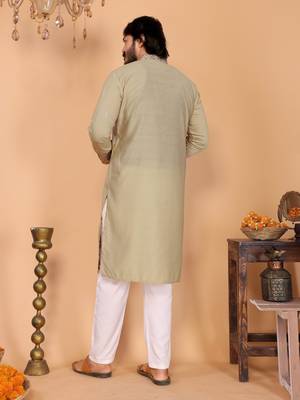 Men's sea green linen cotton sequins embroidered kurta with pajama set 5