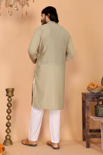 Men's sea green linen cotton sequins embroidered kurta with pajama set