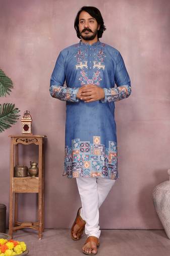 Men's blue khadi cotton sequins embroidered kurta with pajama set
