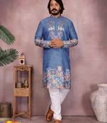 Men's blue khadi cotton sequins embroidered kurta with pajama set