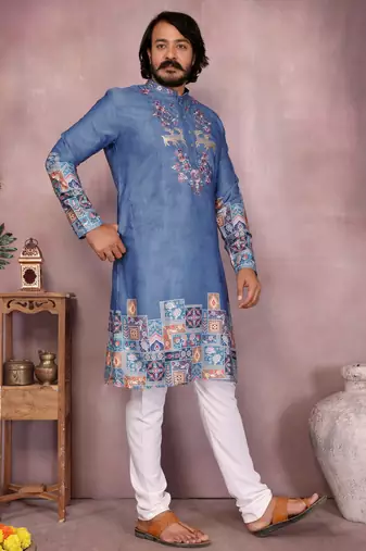 Men's blue khadi cotton sequins embroidered kurta with pajama set