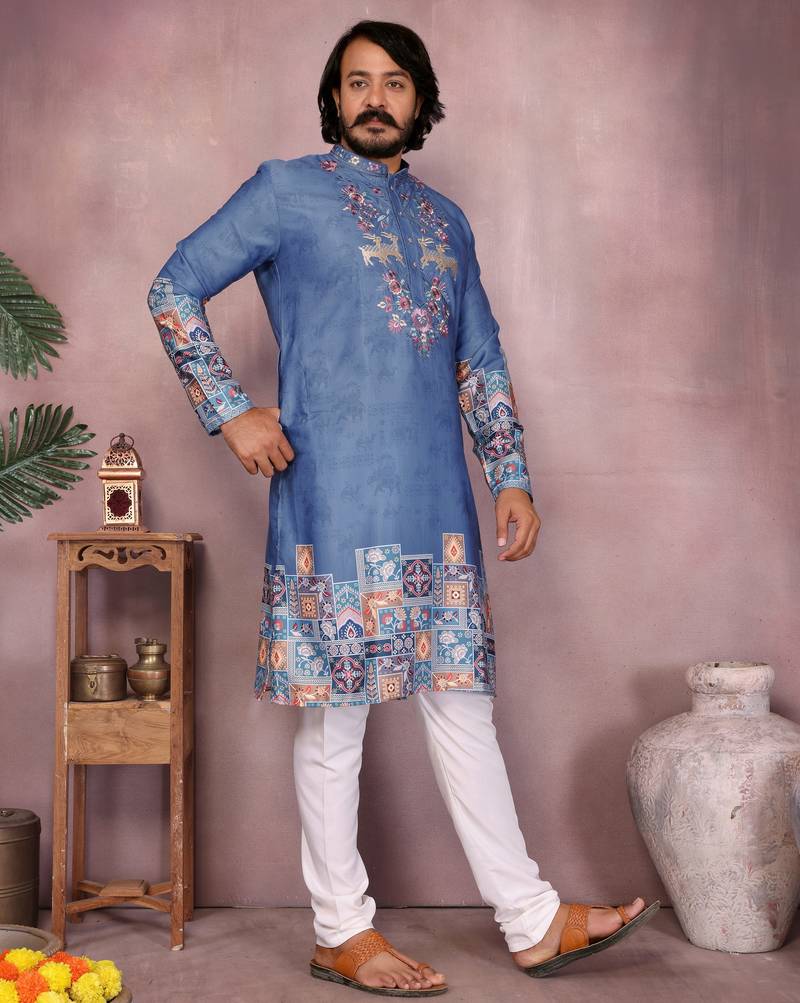 Men's blue khadi cotton sequins embroidered kurta with pajama set