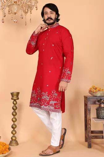 Men's red linen cotton sequins embroidered kurta with pajama set