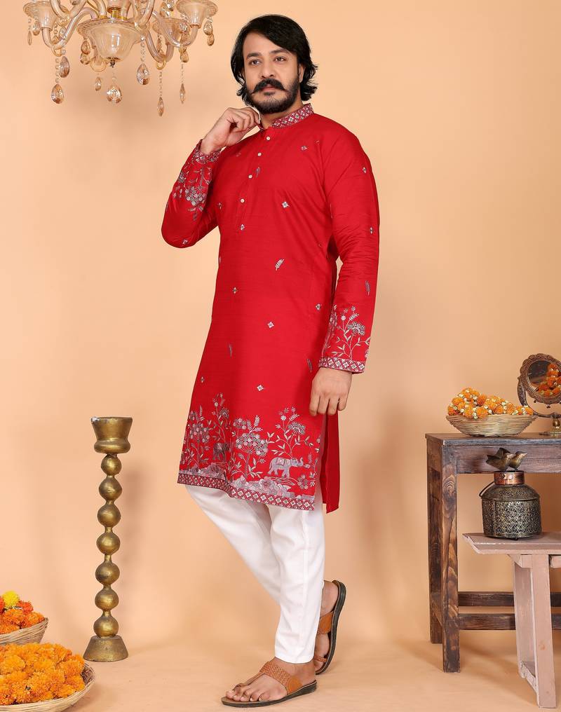 Men's red linen cotton sequins embroidered kurta with pajama set