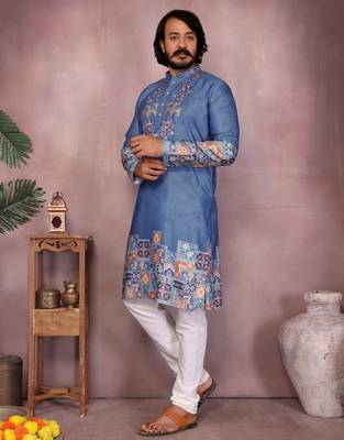 Men's blue khadi cotton sequins embroidered kurta with pajama set 3