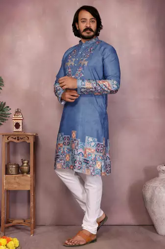 Men's blue khadi cotton sequins embroidered kurta with pajama set