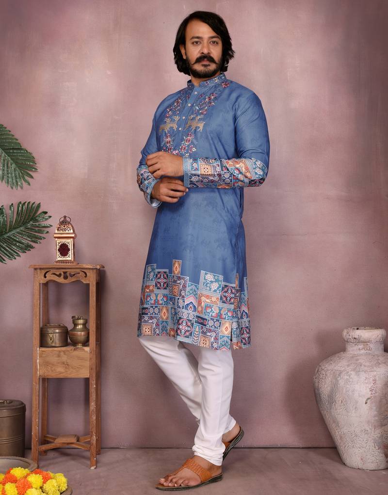 Men's blue khadi cotton sequins embroidered kurta with pajama set