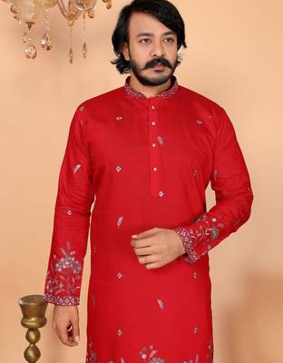 Men's red linen cotton sequins embroidered kurta with pajama set 4