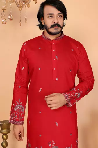 Men's red linen cotton sequins embroidered kurta with pajama set