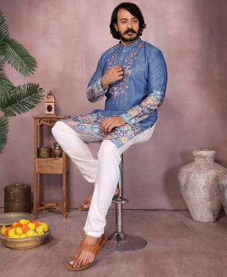 Men's blue khadi cotton sequins embroidered kurta with pajama set 4