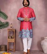 Men's gajri red khadi cotton sequins embroidered kurta with pajama set