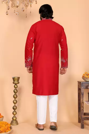 Men's red linen cotton sequins embroidered kurta with pajama set