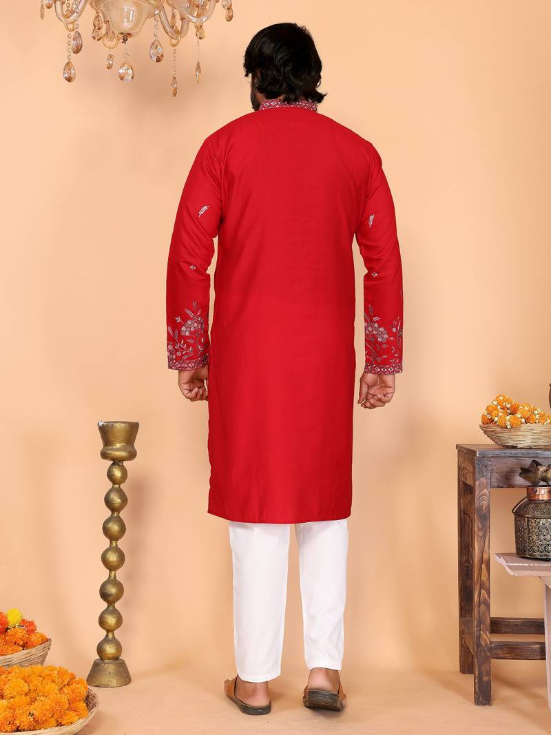 Men's red linen cotton sequins embroidered kurta with pajama set