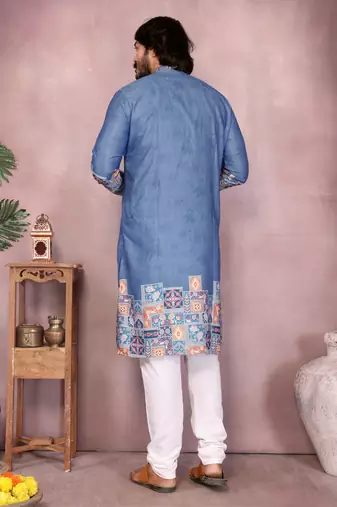 Men's blue khadi cotton sequins embroidered kurta with pajama set