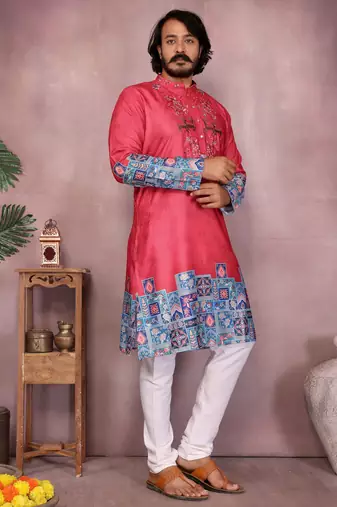 Men's gajri red khadi cotton sequins embroidered kurta with pajama set