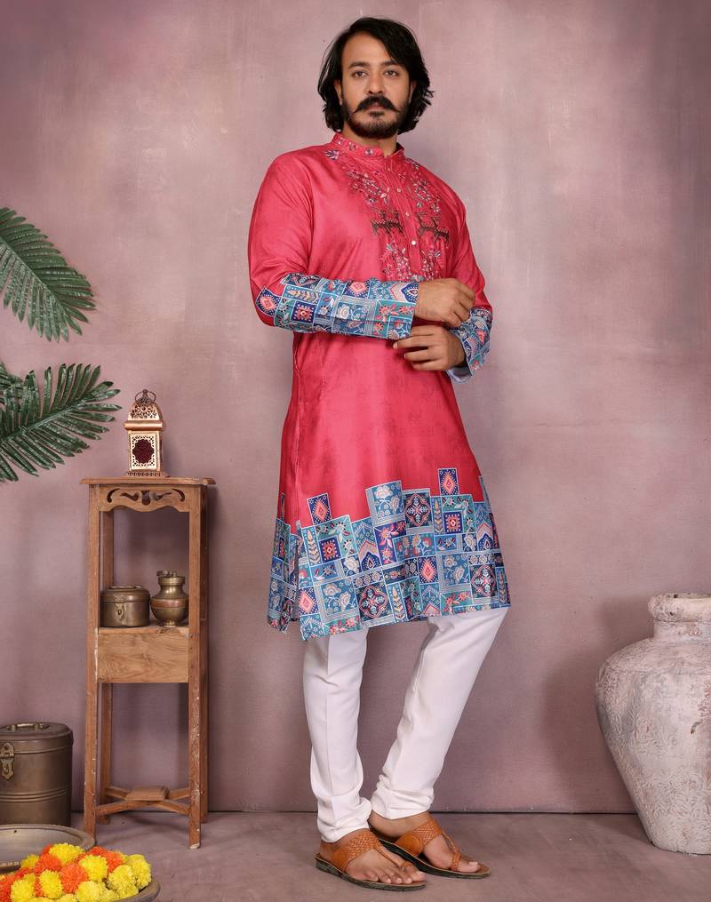 Men's gajri red khadi cotton sequins embroidered kurta with pajama set