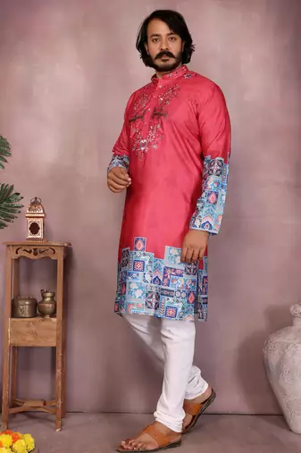 Men's gajri red khadi cotton sequins embroidered kurta with pajama set