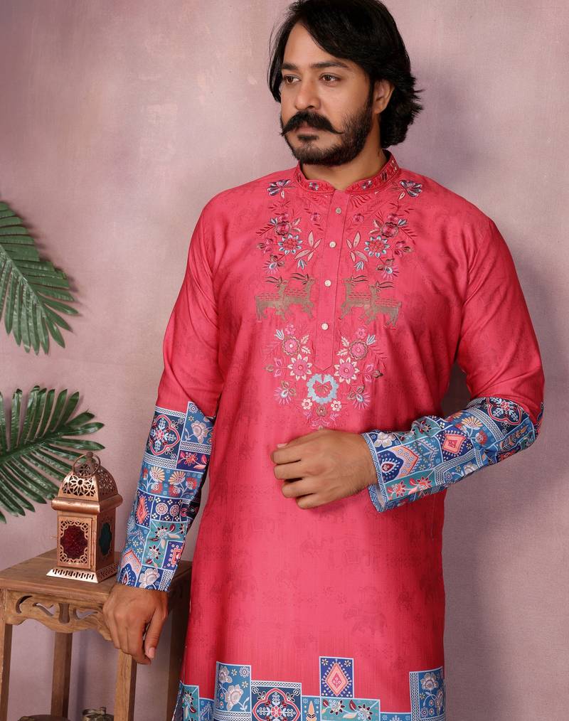 Men's gajri red khadi cotton sequins embroidered kurta with pajama set