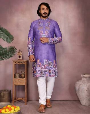 Men's jamuni khadi cotton sequins embroidered kurta with pajama set 1
