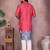 Men's gajri red khadi cotton sequins embroidered kurta with pajama set