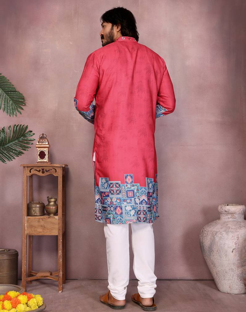 Men's gajri red khadi cotton sequins embroidered kurta with pajama set