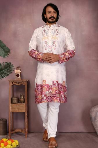 Men's white khadi cotton sequins embroidered kurta with pajama set