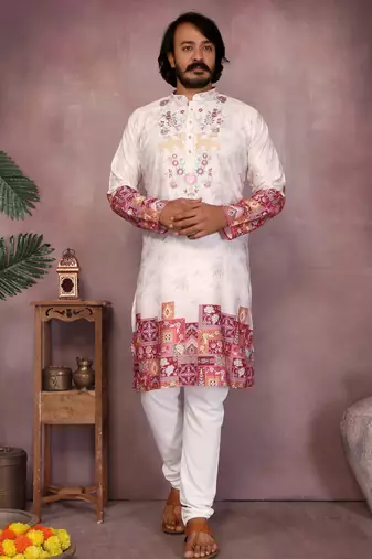Men's white khadi cotton sequins embroidered kurta with pajama set