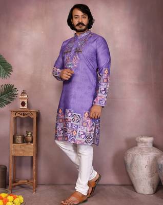 Men's jamuni khadi cotton sequins embroidered kurta with pajama set 3