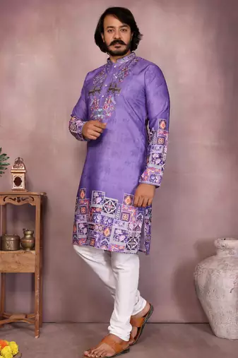 Men's jamuni khadi cotton sequins embroidered kurta with pajama set