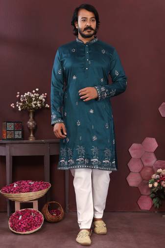 Men's teal silk sequins embroidered kurta with pajama set