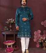 Men's teal silk sequins embroidered kurta with pajama set