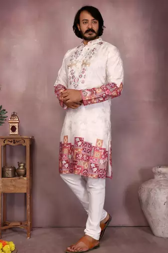 Men's white khadi cotton sequins embroidered kurta with pajama set