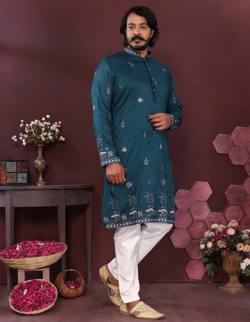Men's teal silk sequins embroidered kurta with pajama set