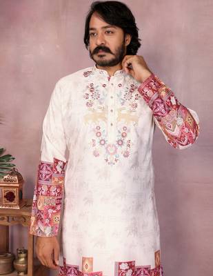 Men's white khadi cotton sequins embroidered kurta with pajama set 4