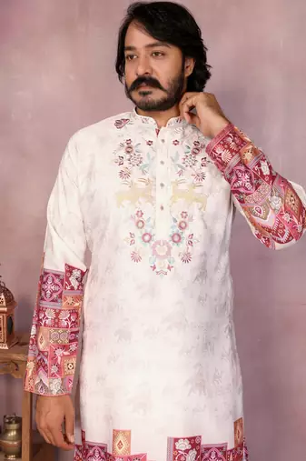 Men's white khadi cotton sequins embroidered kurta with pajama set