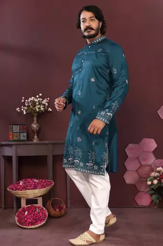 Men's teal silk sequins embroidered kurta with pajama set