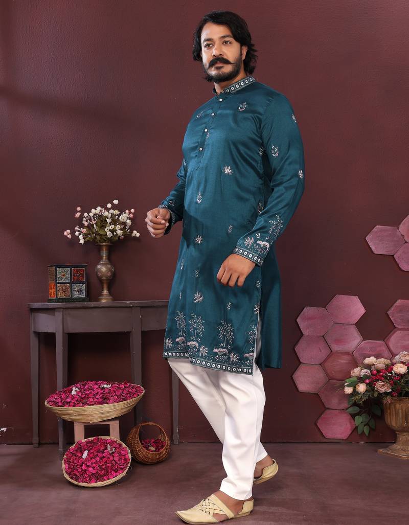 Men's teal silk sequins embroidered kurta with pajama set