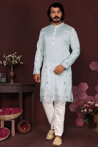 Men's turquoise silk sequins embroidered kurta with pajama set