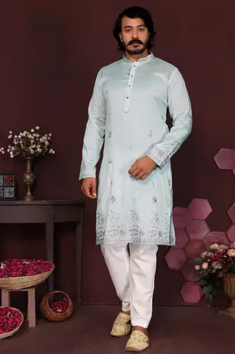 Men's turquoise silk sequins embroidered kurta with pajama set