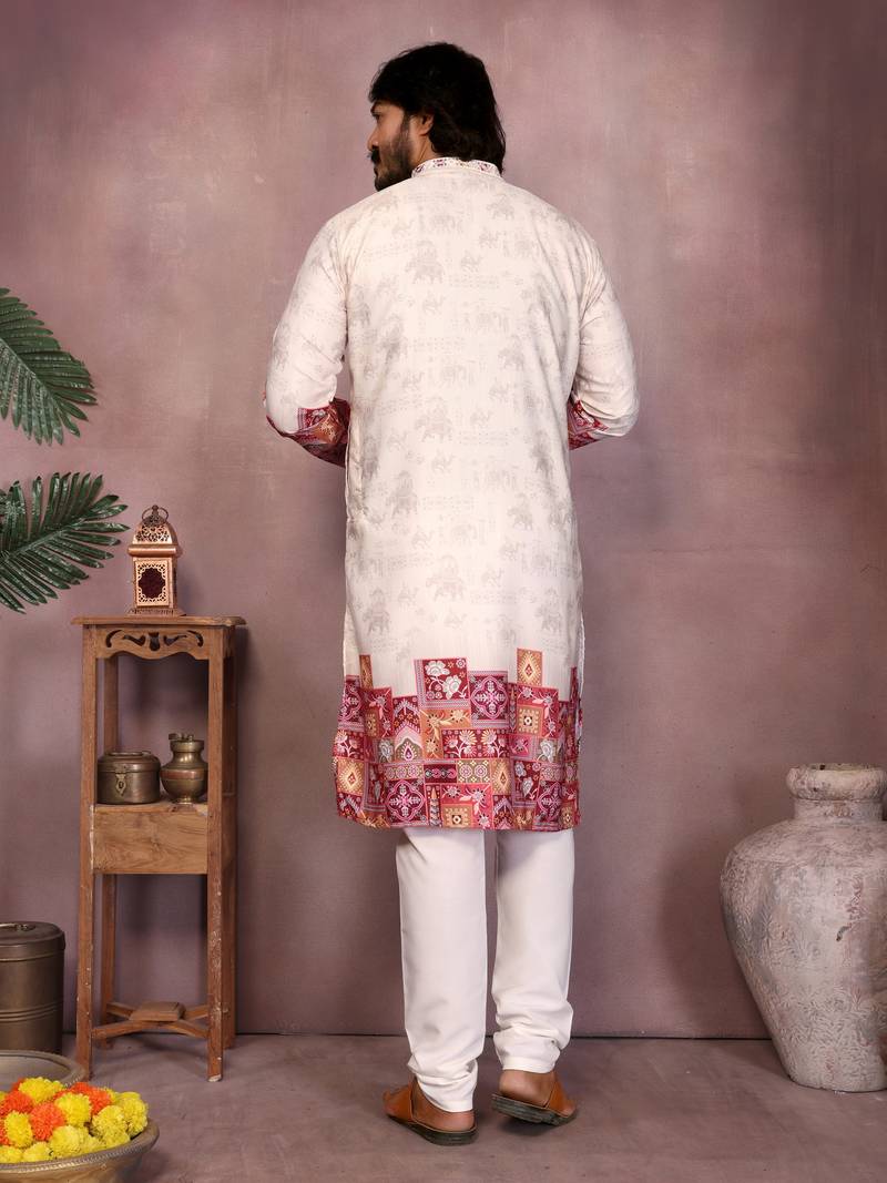 Men's white khadi cotton sequins embroidered kurta with pajama set