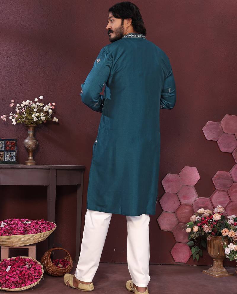Men's teal silk sequins embroidered kurta with pajama set