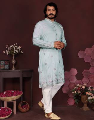 Men's turquoise silk sequins embroidered kurta with pajama set 2