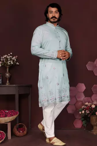 Men's turquoise silk sequins embroidered kurta with pajama set