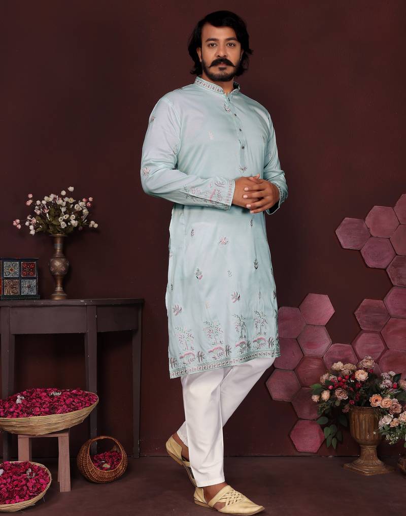Men's turquoise silk sequins embroidered kurta with pajama set