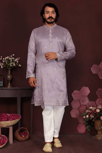Men's purple silk sequins embroidered kurta with pajama set