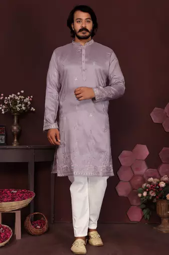 Men's purple silk sequins embroidered kurta with pajama set