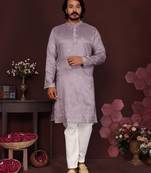 Men's purple silk sequins embroidered kurta with pajama set
