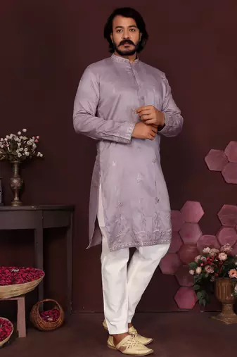 Men's purple silk sequins embroidered kurta with pajama set