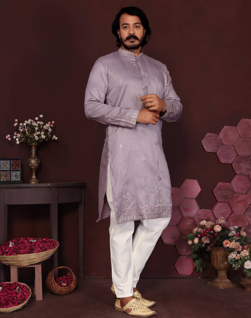 Men's purple silk sequins embroidered kurta with pajama set